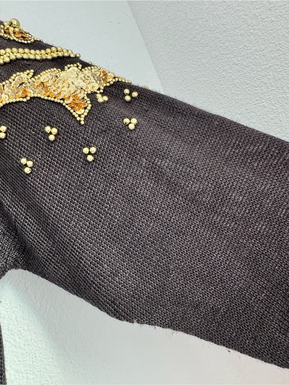 Diane Freis Black Sweater with Gold Sequin Floral Embellishment - Picture 7 of 9